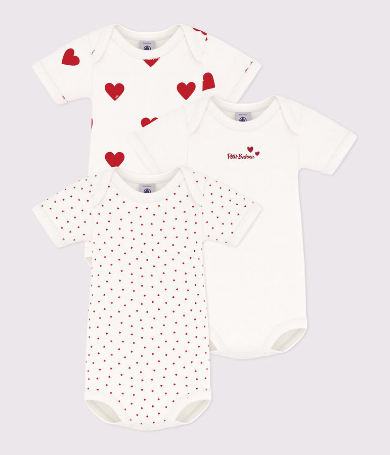 Confezione da 3 body manica corta bebè in cotone motivo cuore