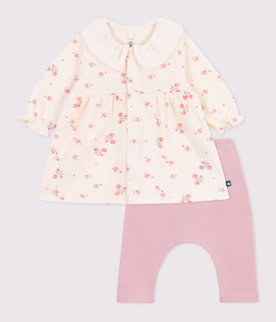 Abito con colletto e stampa a fiori, leggings in cotone neonato