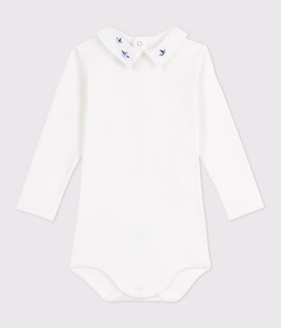 Body in cotone tinta unita con colletto ricamato neonato