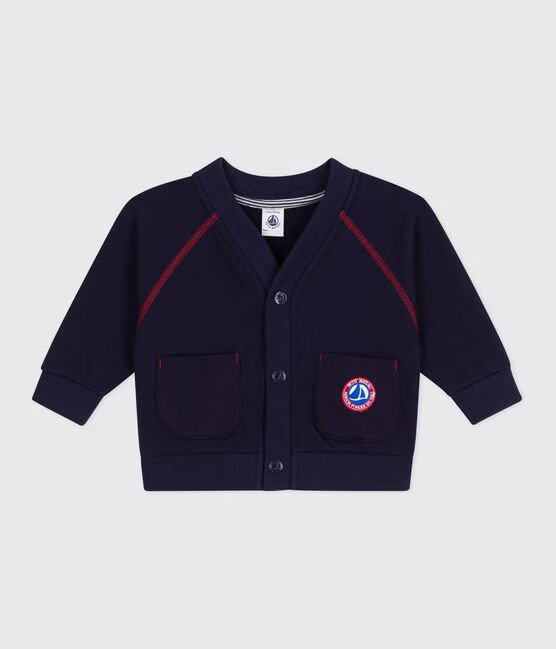Cardigan in cotone tinta unita con cuciture a contrasto neonato
