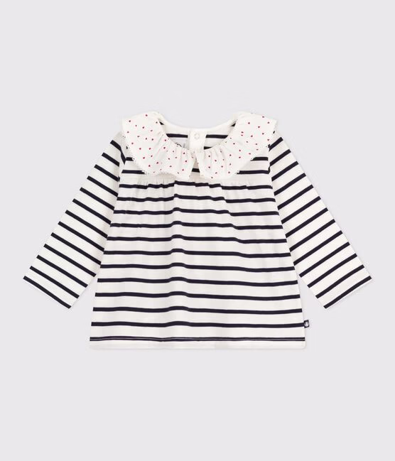 Blusa a maniche lunghe in cotone con motivo marinière e colletto con cuoricini neonata