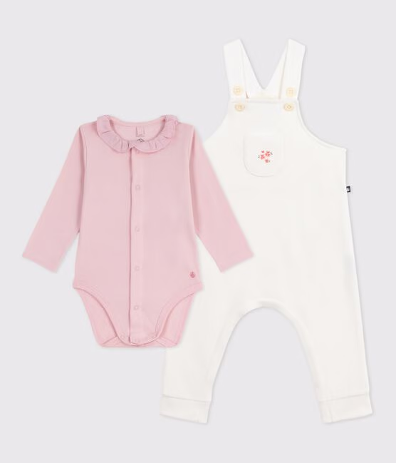 Set con salopette in cotone tinta unita con dettagli raffinati neonata