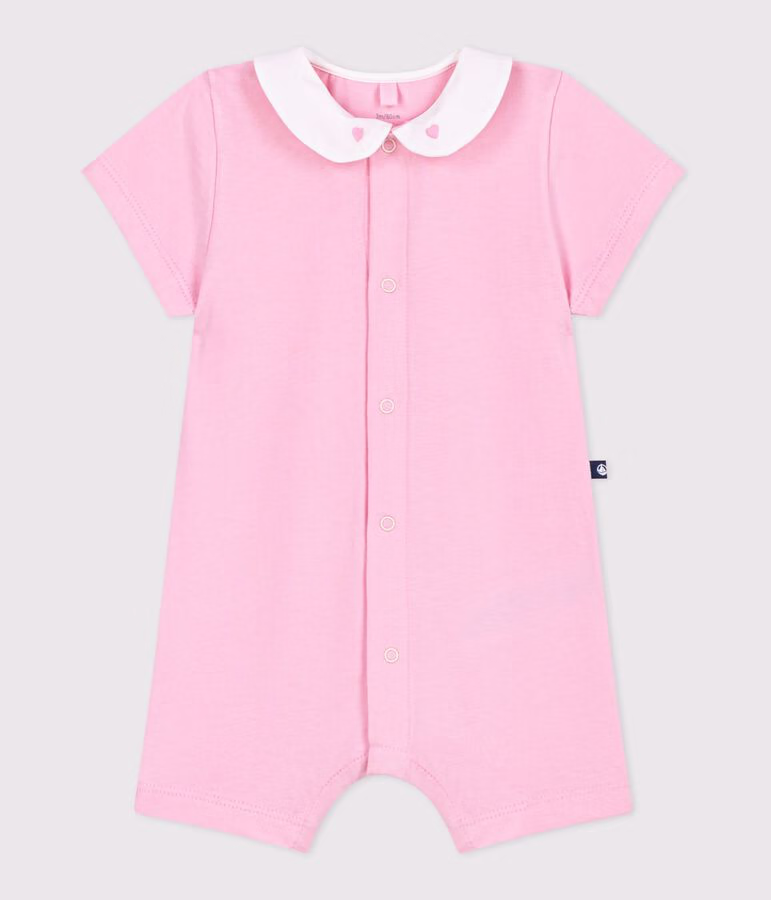 Tutina corta in cotone con cuori ricamati sulo colletto neonato