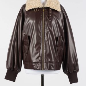 Bomber Donna in Ecopelle Imbottito con Collo in Pelliccia
