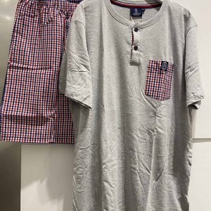 Pigiama uomo Admas pantaloncino a quadrettini rosso e blu maglia grigia cotone
