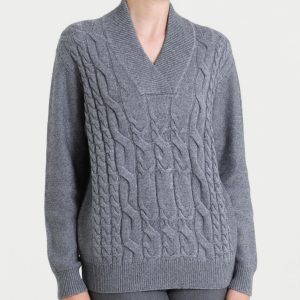 Maglia Donna con Scollo a V e Trecce in Natural Soft