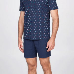 Pigiama Corto Uomo Julipet Fiano in Fantasia – Maglia Aperta a V e Pantaloncino Blu