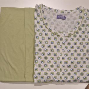 Pigiama Linclalor donna in cotone leggero con maglia a fantasia e pantalone verde