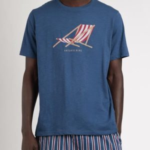 Pigiama uomo Antonio Miro pantaloncino a righe e maglia con stampa blu