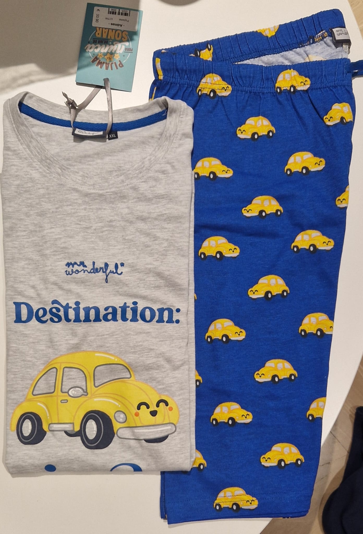 Pigiama uomo Mr Wonderful maglia grigia con stampa pantaloncino macchinine gialle